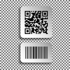 Set of realistic barcode and qr code black icon. Barcode label set sticker. Vector illustration isolated on transparent background.