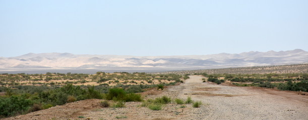 Road through beautiful Kyzykorum desert in Uzbekistan