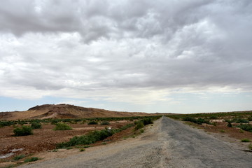 Road in Kyzylkum desert in Uzbekistan near Toprak Kala.
