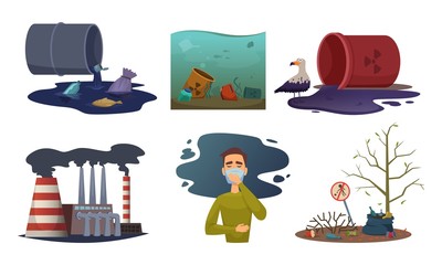 Nature pollution. Environment exhaust car contamination waste air toxic vector concept illustrations. Illustration of pollution toxic in air, contamination environmental