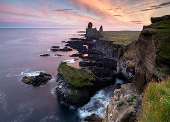 Londrangar cliffs at dramatic and colorful sunset, Snaefellsnes peninsula, Iceland