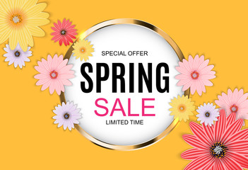 Spring Sale Cute Background with Colorful Flower Elements. Vector Illustration