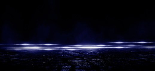 Wet asphalt, reflection of neon lights, a searchlight, smoke. Abstract light in a dark empty street...