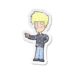 retro distressed sticker of a cartoon man pointing