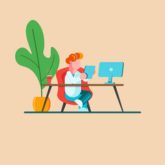 Young man is sitting at a desk with computer and with a phone. Office business concept. Modern vector illustration. - Vector