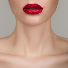 Close-up perfect natural lip makeup beautiful female mouth. Macro photo face detail.