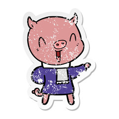 distressed sticker of a happy cartoon pig in winter clothes