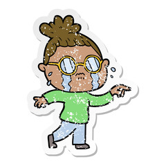 distressed sticker of a cartoon crying woman wearing spectacles