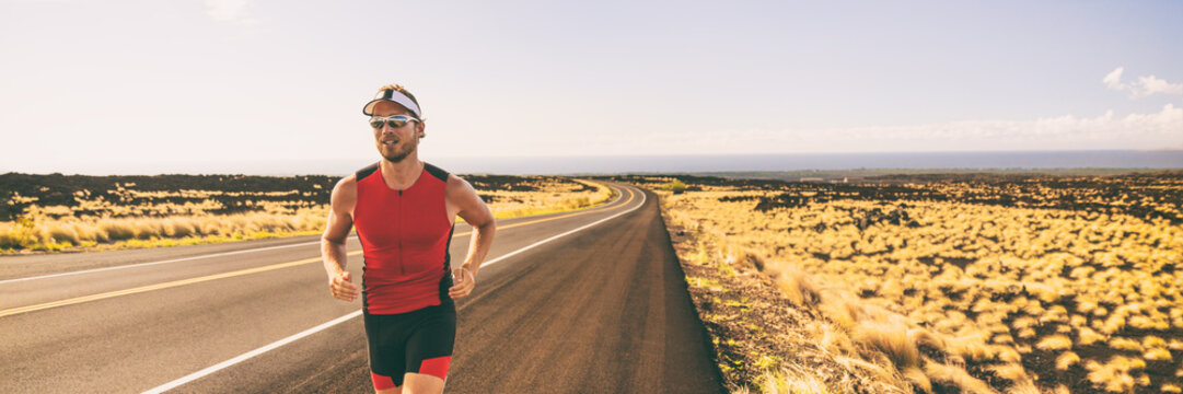 Running Man Training For Triathlon Sport Run Race In Hawaii. Banner Panorama Landscape Sunset Nature, Triathlete Runner Jogging.