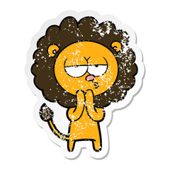 distressed sticker of a cartoon lion considering