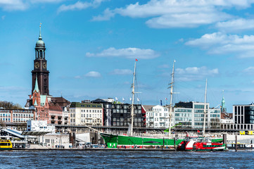 harbor and waterfront in Hamburg, Germany, against blue sky