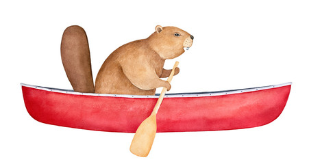 Brown beaver character in blank red canoe, rowing with wood paddle. Side view. Symbol of ingenuity, diligence, perseverance. Handdrawn watercolour painting, cutout clipart element for creative design. © Julija