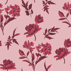Vector floral seamless pattern with tulips and jasmine on pink background