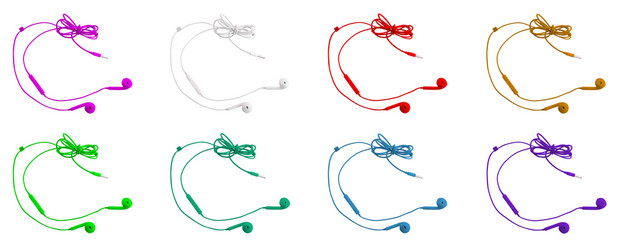 Eight multi-colored vacuum headphones on a white isolated background