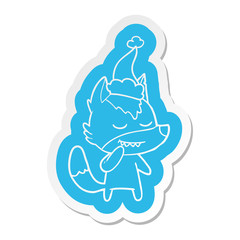 friendly cartoon  sticker of a wolf wearing santa hat