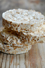 Round rice cakes on wooden table
