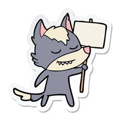 sticker of a friendly cartoon wolf with blank sign