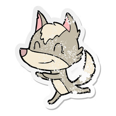 distressed sticker of a friendly cartoon wolf running