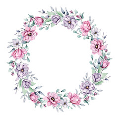 Obraz na płótnie Canvas Wreath with peonies , watercolor pink and violet flowers. Floral summer frame isolated on white background. Hand drawing. Perfectly for wedding, birthday, party, other greetings design.