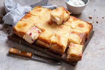 Upside down pineapple cake with cranberry on a table