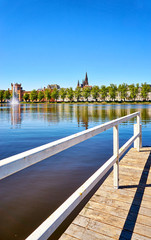 View from the bridge on the Pfaffenteich lake in Schwerin. Mecklenburg-Vorpommern, Germany