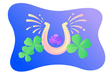 The Lucky Horseshoe Glitters and Sparkles next to the four-leafed clover leaves on a gradient Synthwave background. Vector Cute Illustration.