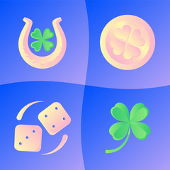 Fototapeta premium Good Luck Concepts. Fortune Metaphor Set. Symbols:The Lucky Horseshoe next to the four-leafed clover leaves, gold shamrock coin, lucky dices on Gradient Synthwave Background. Vector cute illustration.