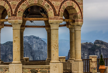 Fototapeta premium stone gazebo medieval European architecture object somewhere in Greece mountains on highland cloudy background