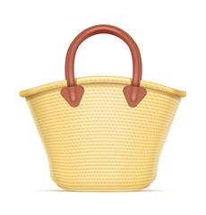Straw shopping bag. Eco wicker basket for products. Chaff handbag. Isolated white background. Eps10 vector illustration.