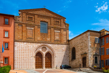Perugia, Italy - St. Augustin gothic church - Chiesa e Oratorio di Sant’Agostino at the Piazza Domenico Lupatelli square in Perugia historic quarter