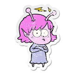 distressed sticker of a cartoon alien girl