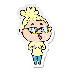 distressed sticker of a cartoon happy woman wearing spectacles