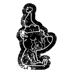 cartoon distressed icon of a crying sitting polar bear wearing santa hat