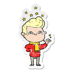 distressed sticker of a cartoon excited man