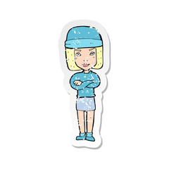 retro distressed sticker of a cartoon woman wearing winter hat