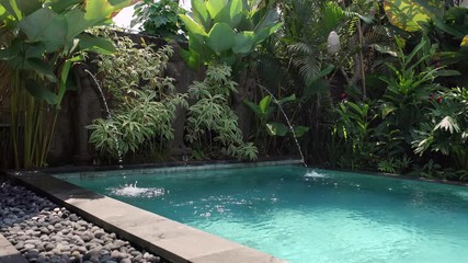 Outdoor swimming pool with fountain statues on sunny background of tropical plants