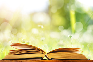 open book on a background of green nature