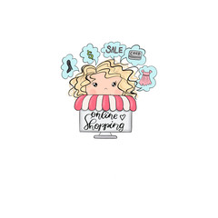 Blonde Hair Online Shopping Girl Isolated On A White Background Hand Drawn Illustration