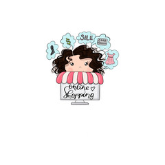 Brunette Hair Online Shopping Girl Isolated On A White Background Hand Drawn Illustration