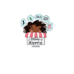 African American Online Shopping Girl Isolated On A White Background Hand Drawn Illustration