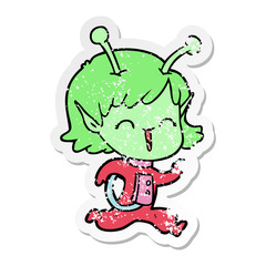distressed sticker of a cartoon alien girl laughing