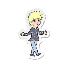 retro distressed sticker of a cartoon woman shrugging shoulders