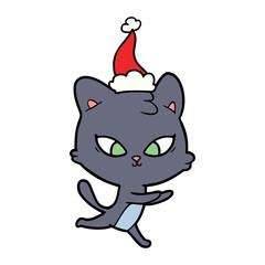 cute line drawing of a cat wearing santa hat