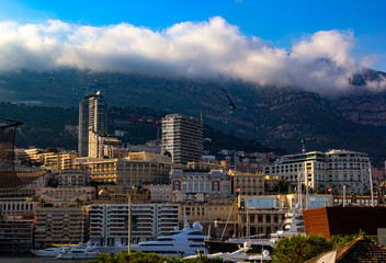 Beautiful panoramic view on Monaco. View on apartment building, mountains