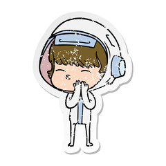 distressed sticker of a cartoon curious astronaut