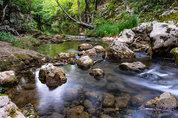Mountain river and fresh clean streams of water running through the forest over rocks and pebbles in the forest