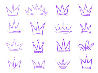 Set of crowns on isolated white. Signs for design. Hand drawn simple objects. Line art. Colorful illustration. Sketchy elements for posters and flyers