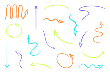 Hand drawn colored arrows on white. Abstract pointers. Line art creative. Set of different signs. Colorful illustration