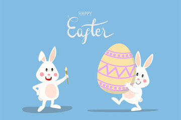 cute happy bunny rabbit paint the color pattern on yellow easter egg for play hind and seek on easter day. Concept for greeting card, baner or poster for easter season in vector illustration