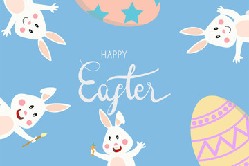 Obraz premium happy easter lettering with bunny rabbit and easter egg, hold carrot and wave hand. Concept for banner, poster, greeting card for Easter festival in vector 